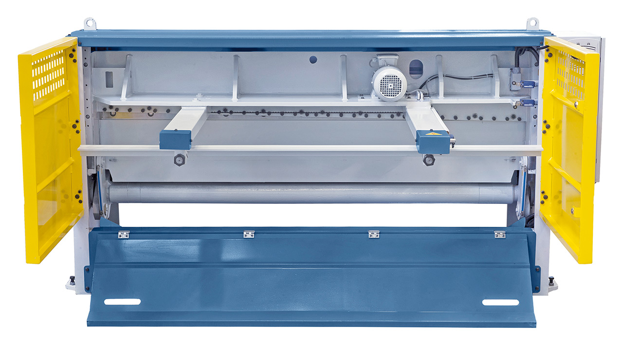 Händisch einstellbare Blechrutsche für wahlweisen Blechauswurf nach vorne (bis max. 400 mm Breite) oder hinten