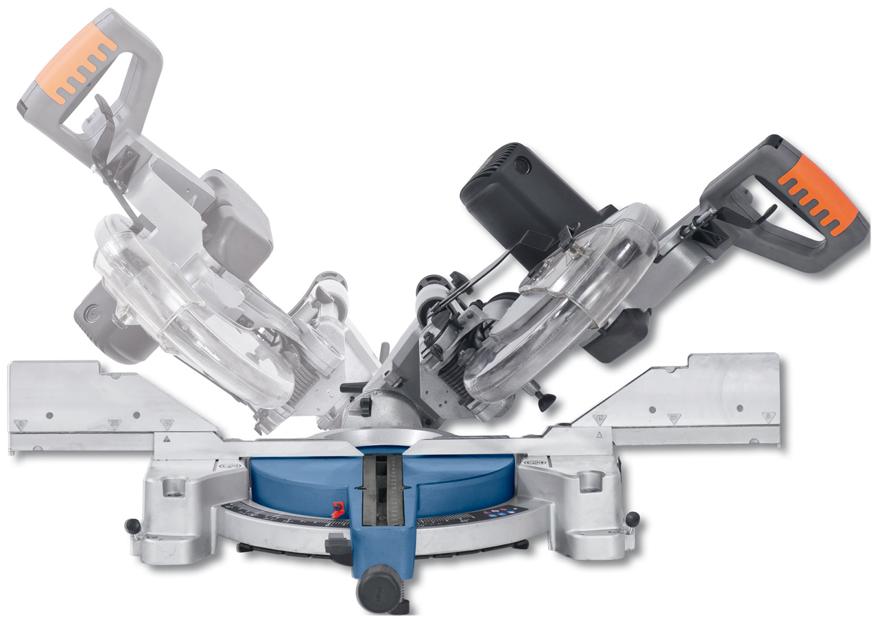 Für Doppelgehrungsschnitte kann der Sägekopf nach rechts und links um 45° geschwenkt werden.