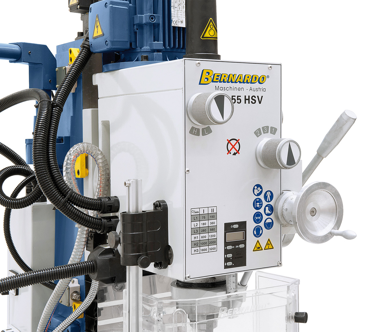 Bohr- und Fräsmaschine FM 55 HSV inkl. 3-Achs-Digitalanzeige ES-12 V und Vorschub f. x-Achse