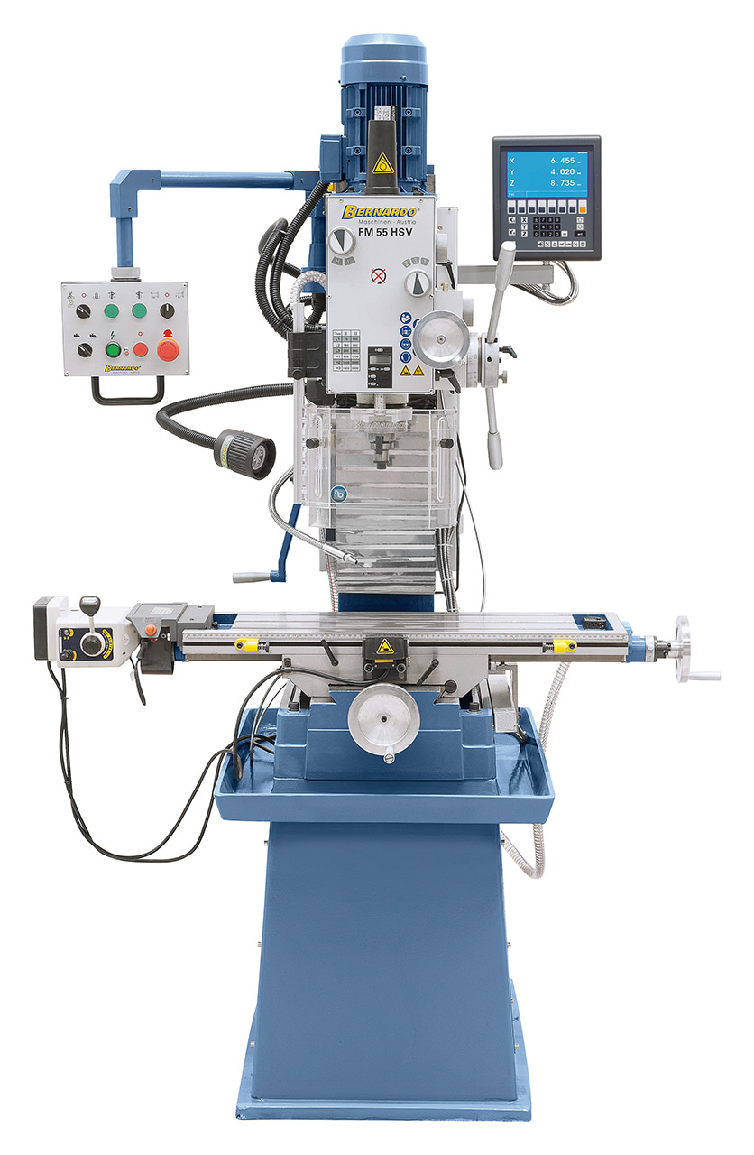 Bohr- und Fräsmaschine FM 55 HSV inkl. 3-Achs-Digitalanzeige ES-12 V und Vorschub f. x-Achse