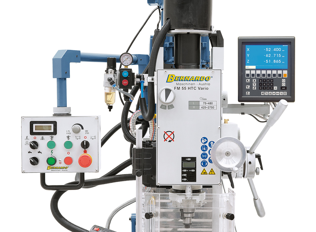 Bohr- und Fräsmaschine FM 55 HTC Vario inkl. 3-Achs-Digitalanzeige ES-12 V und Vorschub f. x-Achse