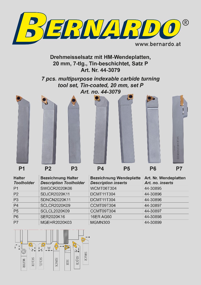 Drehmeisselsatz mit HM-Wendeplatten, 20 mm, 7-tlg., Tin-beschichtet, Satz P