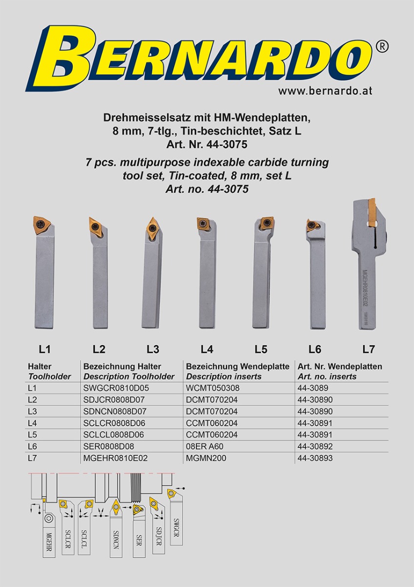 Drehmeisselsatz mit HM-Wendeplatten, 8 mm, 7-tlg., Tin-beschichtet, Satz L