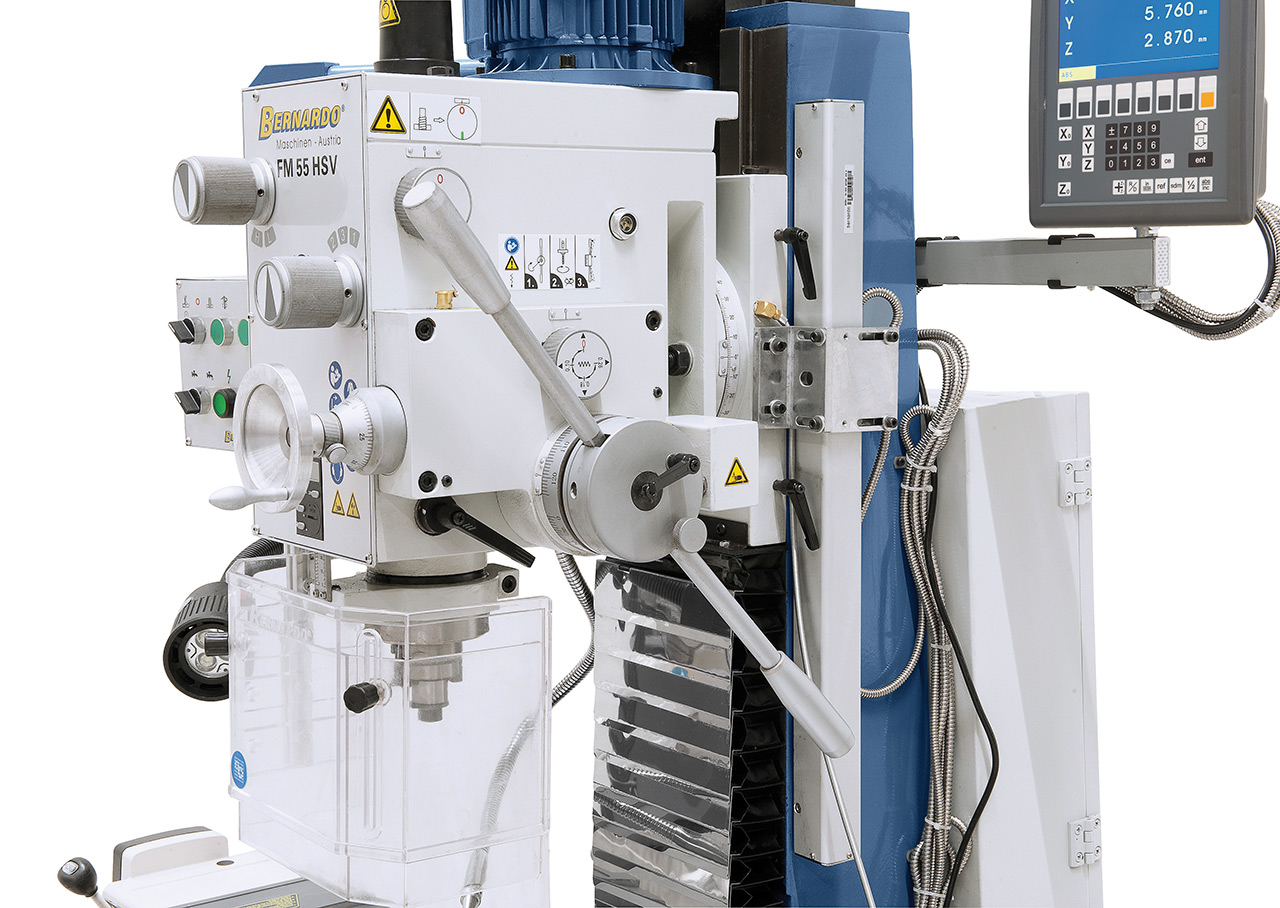 Bohr- und Fräsmaschine FM 55 HSV inkl. 3-Achs-Digitalanzeige ES-12 V und Vorschub f. x-Achse