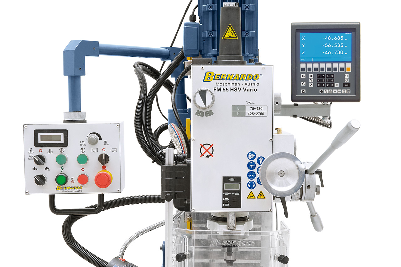 Bohr- und Fräsmaschine FM 55 HSV Vario inkl. 3-Achs-Digitalanzeige ES-12 V und Vorschub f. x-Achse