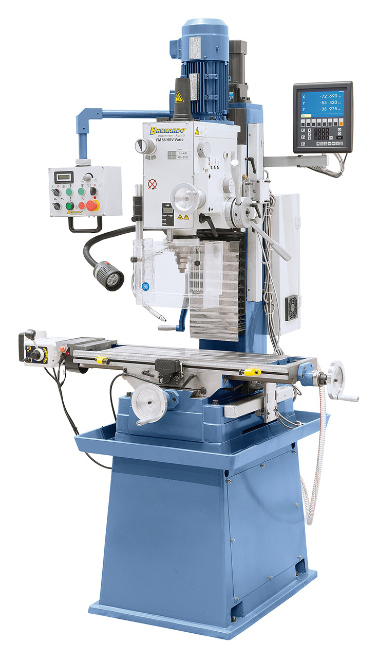 Bohr- und Fräsmaschine FM 55 HSV Vario inkl. 3-Achs-Digitalanzeige ES-12 V und Vorschub f. x-Achse