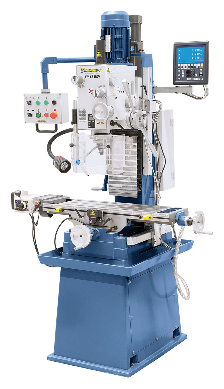 Bohr- und Fräsmaschine FM 55 HSV inkl. 3-Achs-Digitalanzeige ES-12 V und Vorschub f. x-Achse